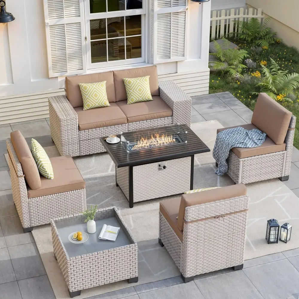 Outdoor Furniture With Fire Pit Table - 7-Piece Outdoor Patio Furniture Set with