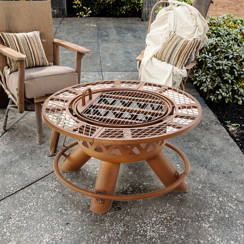 Outdoor Furniture With Fire Pit Table - 2026 Modern Outdoor Steel Charcoal Dual-Use